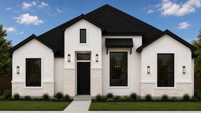 Rendering of 431 Padre Road from its selection sheet: a single-story home in white stucco with a black shingle hip roof, three front gables, a cream stone wainscot, black-framed windows, a black front door under a transom, and a black metal awning over the centre window.