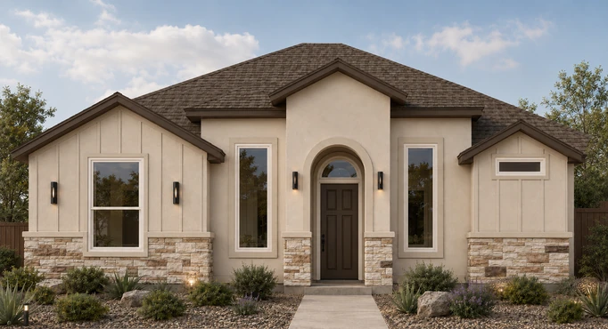 Rendering of 433 Padre Road from its selection sheet: a single-story home in beige stucco with board-and-batten gables, a brown shingle hip roof, a tan and brown stacked-stone wainscot, an arched entry with a dark wood front door, white-framed windows and a rock-and-shrub front garden.