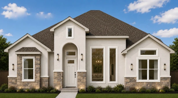 Rendering of 436 Sandy Road from its selection sheet: a single-story home in light linen stucco with a brown shingle hip roof, three front gables, brown stacked-stone wainscot and entry columns, an arched entry with a white glass-panel front door and white-framed windows.