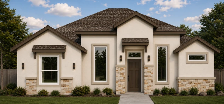 Rendering of 434 Sandy Road from its selection sheet: a single-story home in cream stucco with a brown shingle hip roof, three front gables, tan stone at the corners and around the entry, small shingled roofs over the front door and the left window, a dark wood front door and white-framed windows.