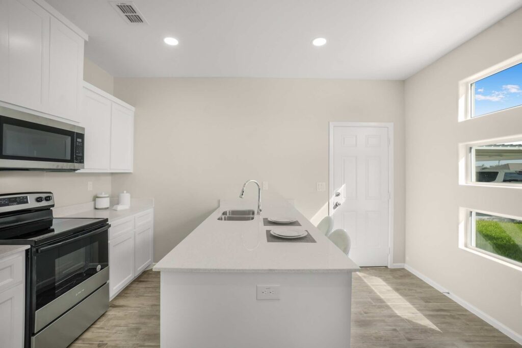 Side view of the kitchen and island