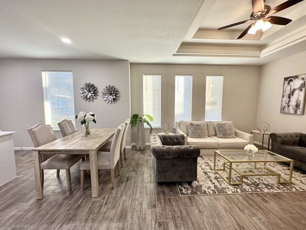 View of dining room and kitchen in the Dawson Estates Fourplex in Mercedes Texas