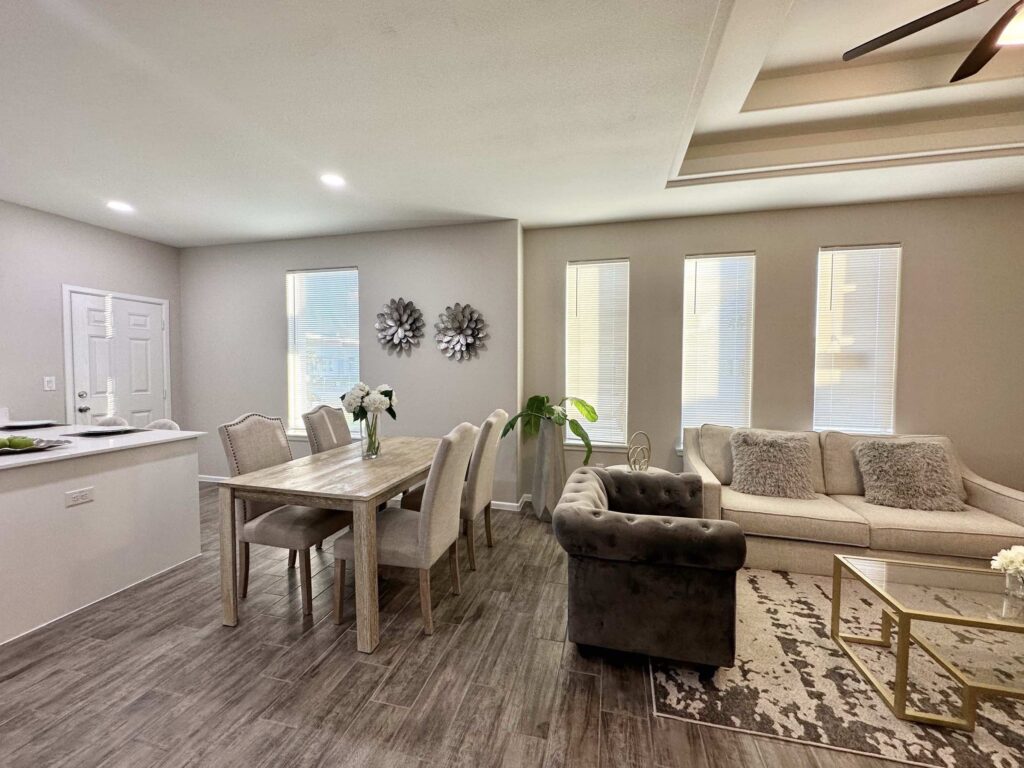 View of dining room and kitchen in the Dawson Estates Fourplex in Mercedes Texas