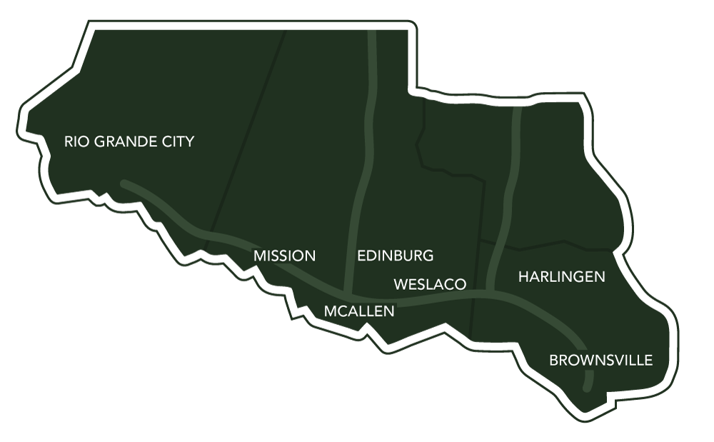 map of the rio grande valley with cities labeled: rio grande city, mission, mcallen, edinburg, weslaco, harlingen, brownsville