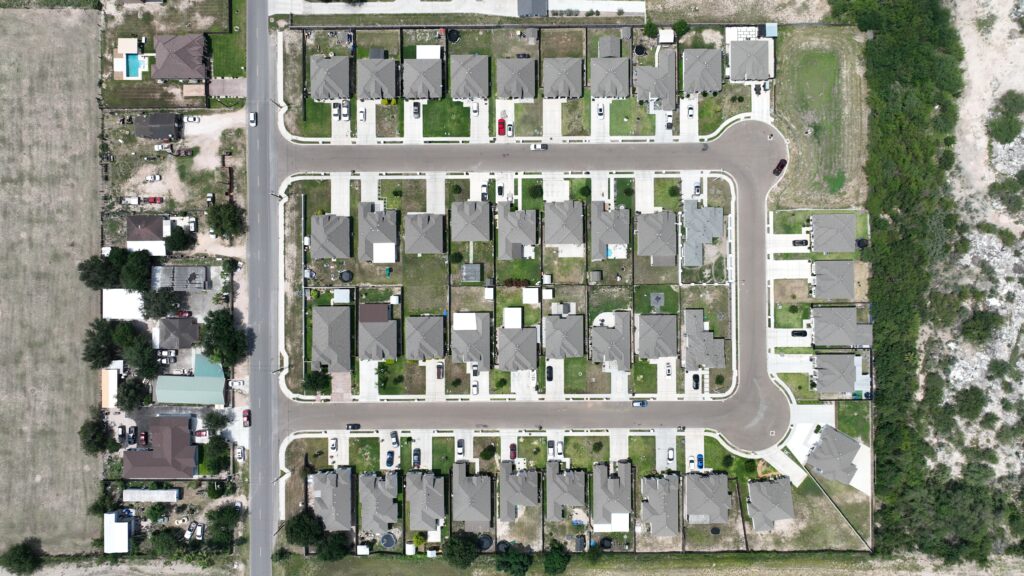 Overhead aerial view of homes in the Comarex Subdivision in Alton, Texas