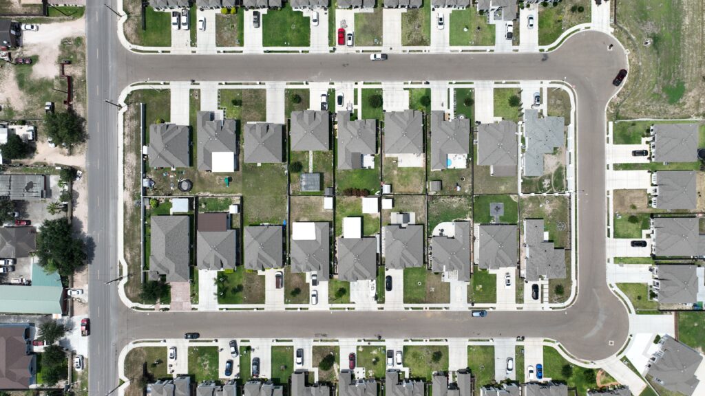 Overhead aerial view of homes in the Comarex Subdivision in Alton, Texas